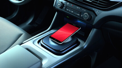 phone charging wirelessly in car center console, showcasing modern technology and convenience
