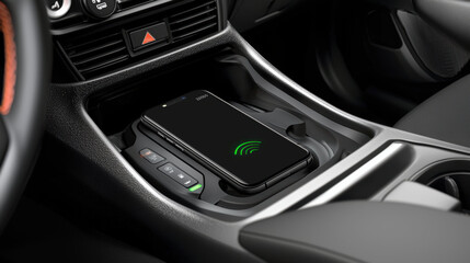 Fototapeta premium phone charging wirelessly in car center console, showcasing modern technology and convenience