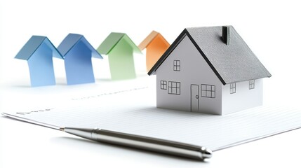 A model house sits on a document with a pen, while colorful paper houses are in the background, symbolizing real estate and housing concepts.