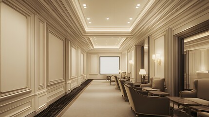 Fototapeta premium Elegant Interior Design of a Spacious Meeting Room with Soft Lighting and Luxurious Furnishings