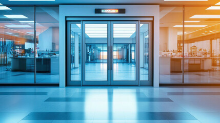 Fototapeta premium Automatic door leading into brightly lit modern office space, showcasing sleek design and open layout