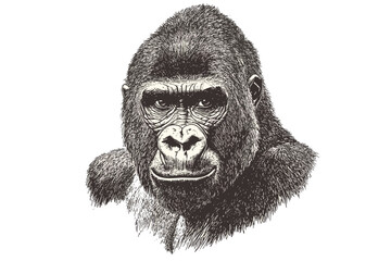 Hand-drawn gorilla in vintage style, black sketch effect, animal art, trendy wildlife illustration, retro wall decor, wild jungle art, monochrome animal sketch, nature wall art.