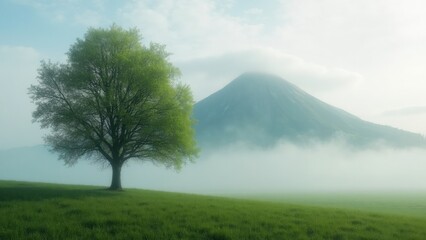 A Solitary Tree Stands Vibrant in Green Against a Hazy Summer Backdrop