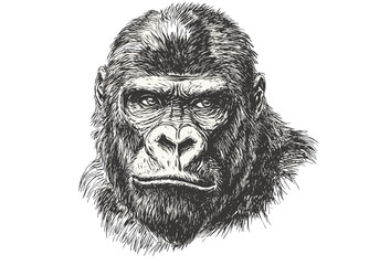 Fototapeta premium Vintage art, hand-drawn gorilla in black sketch effect, animal art, trendy wall decor, wildlife illustration, retro jungle art, wildlife sketch, monochrome nature decor.