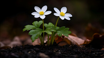 Two Delicate White Flowers with Yellow Centers Blooming in Dark Soil