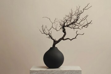 Minimalist dry branch in matte black vase on marble pedestal