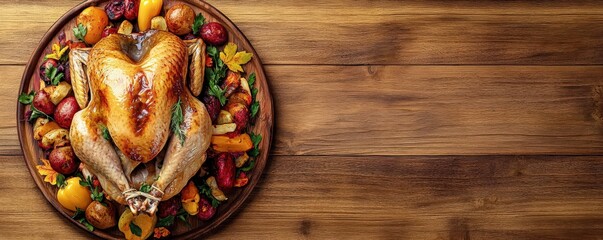 Roasted Turkey Dinner on Wooden Tabletop Thanksgiving Feast