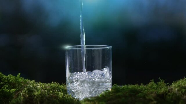 Pouring Water Into a Glass Slowmotion On Moss