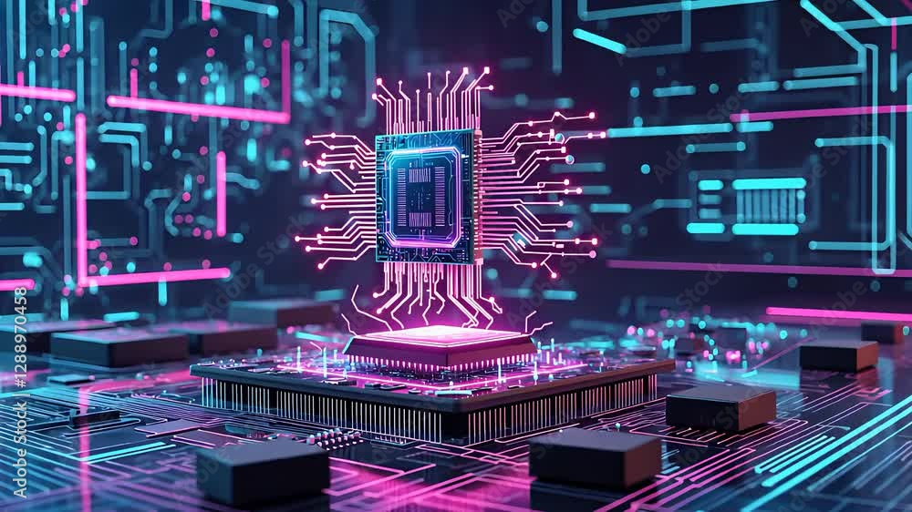 Aufkleber futuristic microchip with glowing neon circuit connections on a high-tech motherboard in a digital c