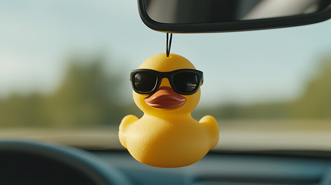 Cool Duck Ride: Yellow rubber duck with sunglasses hanging from car's rearview mirror, adding a quirky touch to the interior, blurring the road outside.
