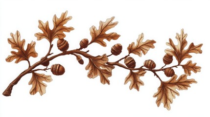 Vintage oak branch with acorns and leaves, isolated. 