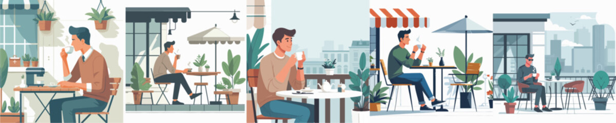 Vector of a young man drinking coffee at a café.