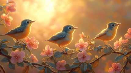 Obraz premium Three birds on blossom branch at sunrise