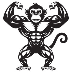 Obraz premium Monkey bodybuilder silhouette vector, Muscular Primate Flexing Silhouette Illustration