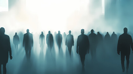 Crowd of shadowy figures walking in fog; urban anonymity concept. Shadowy Figure in Fog. Illustration