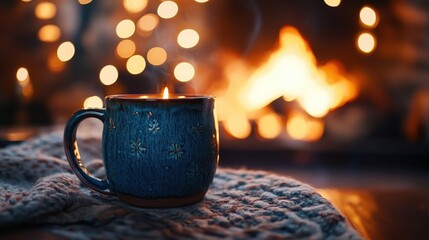 Obraz premium Warm Drink Beside Fireplace Cozy Winter Evening