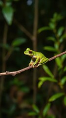 A tiny green frog on a thin twig in the forest, nature, plants