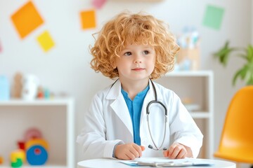 Doctor joven de cabello rizado en un consultorio infantil con estetoscopio