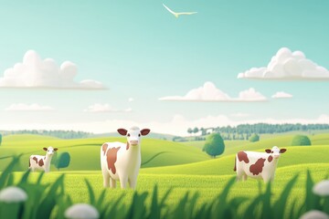 Fototapeta premium Graphic layout showcasing playful farm life featuring cows in a serene landscape