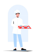 Male Pastry Chef Holding a Tray of Cupcakes in Flat Vector Illustration Symbolizing Bakery, Dessert Preparation, and Culinary Arts, Isolated on White Background