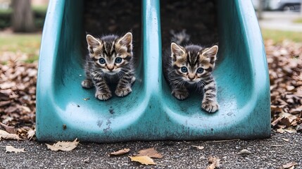 Two Playful Kittens Sliding Down a Playground Slide Surrounded by Autumn Leaves in a Park