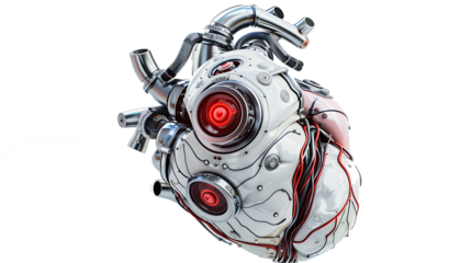 A high-tech robotic heart implant with pulsating energy cores and synthetic tubing, designed for enhanced endurance, isolated on a white background
