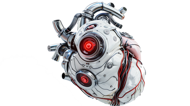 A high-tech robotic heart implant with pulsating energy cores and synthetic tubing, designed for enhanced endurance, isolated on a white background