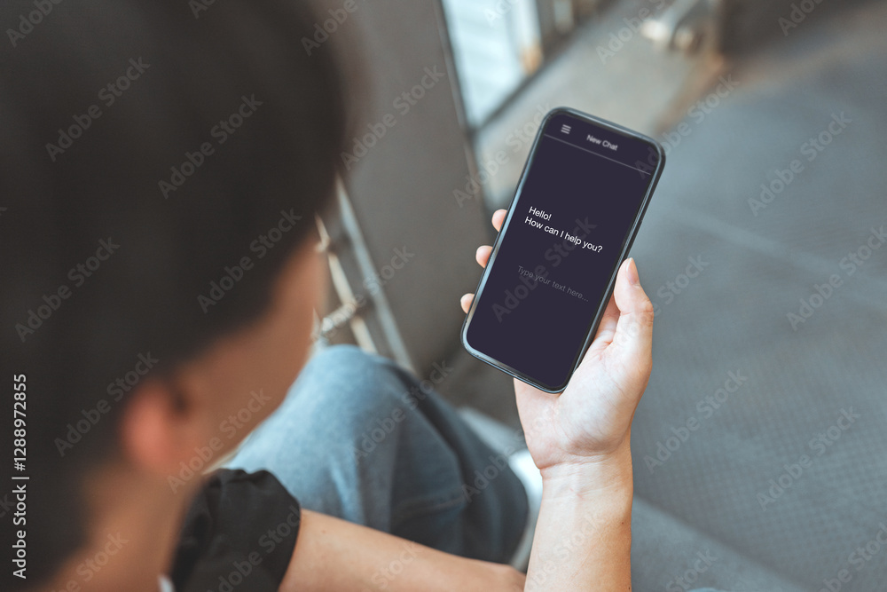 Wall mural artificial intelligence, ai chatbot assisting, man using mobile smartphone with live chat with chatb