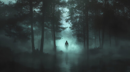 Fog in the forest. a spooky forest with eerie fog and shadowy figures lurking among the trees. Shadowy Figure in Fog. Illustration