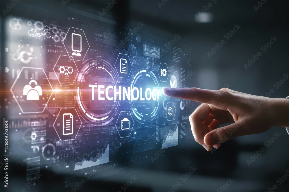 Fototapete Innovation at Your Fingertips: A futuristic image of a finger pointing toward the word 