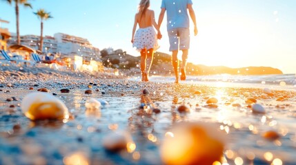 Paseo romántico de una pareja por la orilla durante el atardecer en la playa