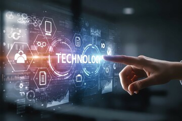 Innovation at Your Fingertips: A futuristic image of a finger pointing toward the word "Technology" on a vibrant digital interface, highlighting the cutting edge of progress. 