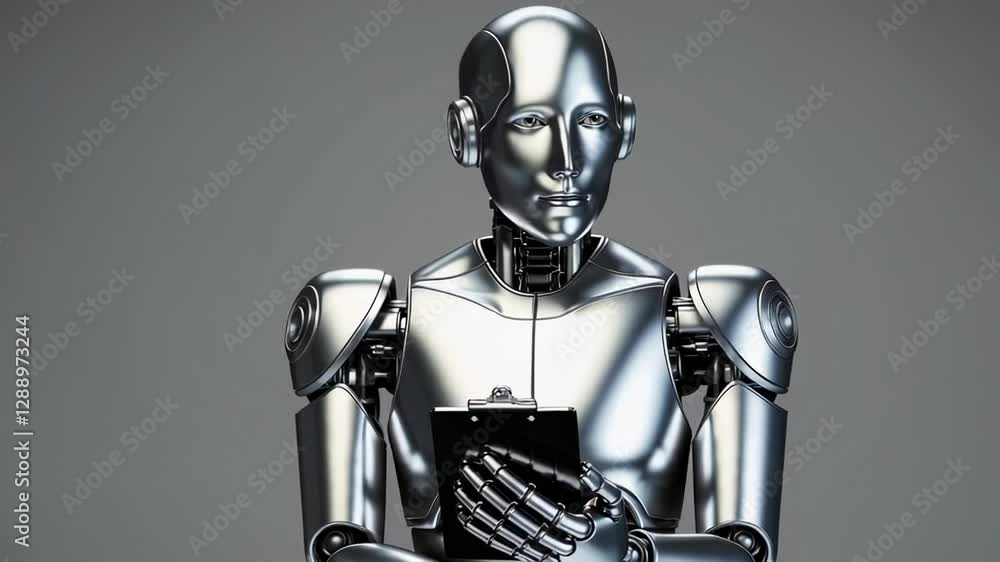 Aufkleber Sophisticated silver robot analyzing data on clipboard, representing advanced artificial intelligence technology against neutral gray backdrop, moving in slow, deliberate motion