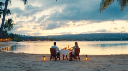 Pareja disfrutando de una cena romántica frente al mar al atardecer en una playa tropical