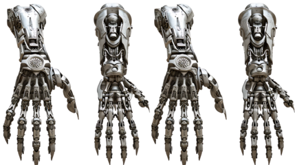 set of robotic hand with intricate joints and mechanical fingers, reaching forward, isolated on a white background