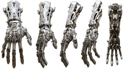 set of robotic hand with intricate joints and mechanical fingers, reaching forward, isolated on a white background