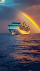 Cruise Ship Sailing into a Sunset with a Rainbow