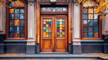 wooden doors with stained glass windows facing the street