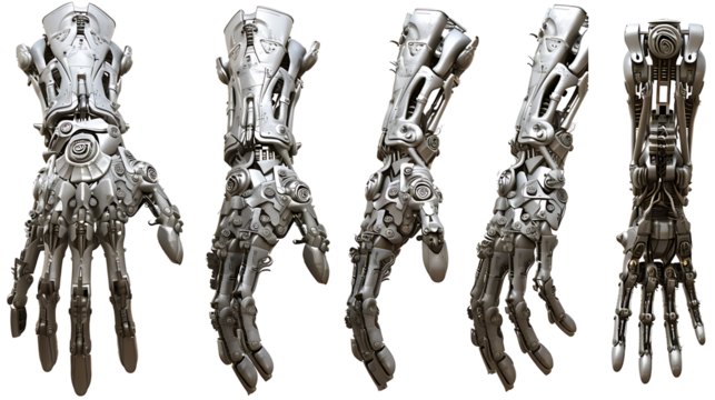set of robotic hand with intricate joints and mechanical fingers, reaching forward, isolated on a white background