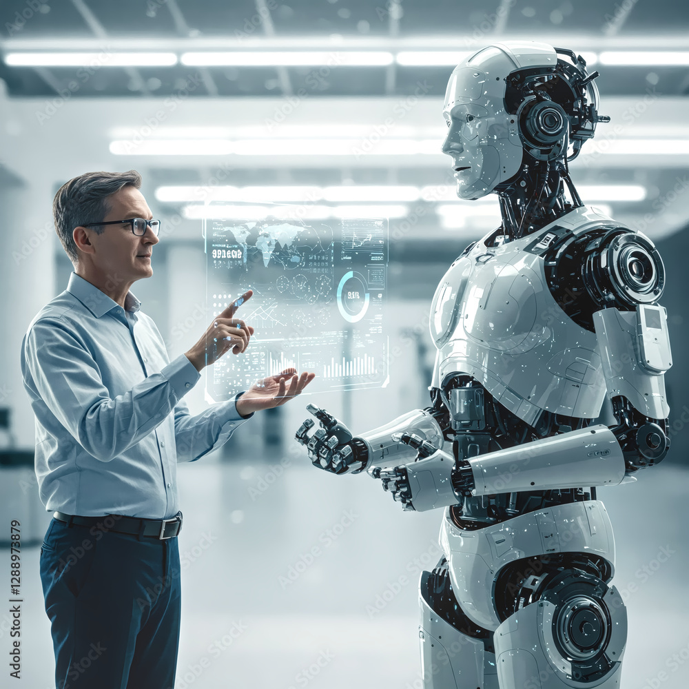 Poster human and robot interaction: a man in glasses interacts with a humanoid robot, a visual narrative of