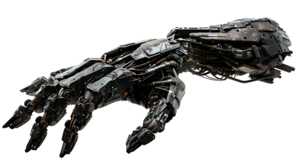 A robotic hand with intricate joints and mechanical fingers, reaching forward, isolated on a white background