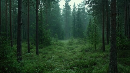Obraz premium Misty Forest Path Surrounded by Tall Pine Trees and Lush Green Foliage in a Serene Nature Landscape
