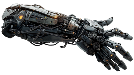 A robotic hand with intricate joints and mechanical fingers, reaching forward, isolated on a white background