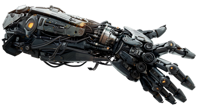 A robotic hand with intricate joints and mechanical fingers, reaching forward, isolated on a white background