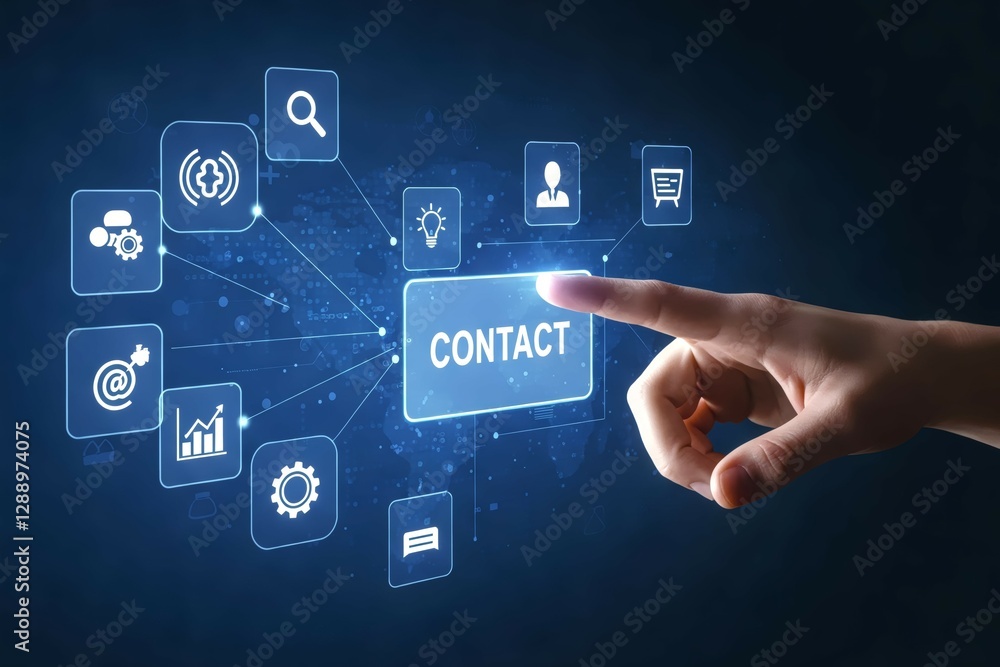 Poster digital touch: a hand interacts with a digital interface featuring 