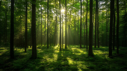 Obraz premium Enchanting Green Forest with Sun Rays - Lush Woodland Nature Scene, nature photography, environmental awareness campaigns, eco-tourism promotions, mindfulness content, wellness blogs, 