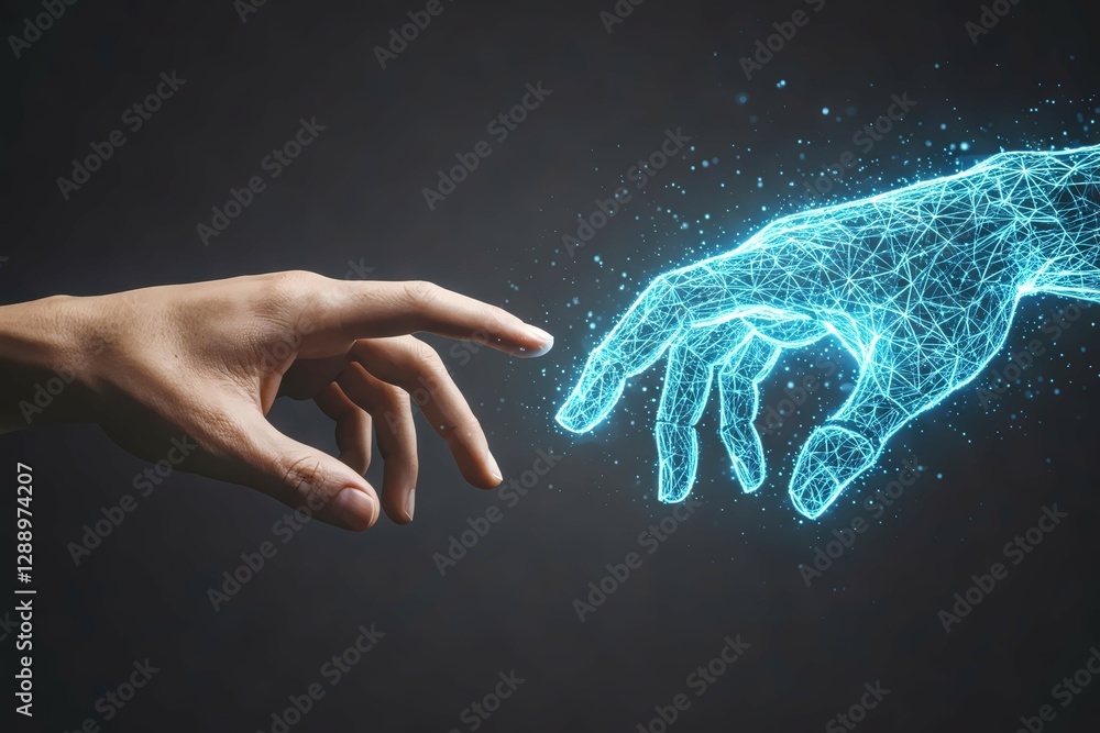Poster human and ai touch: a digital and a real hand reaching towards each other, representing the interact