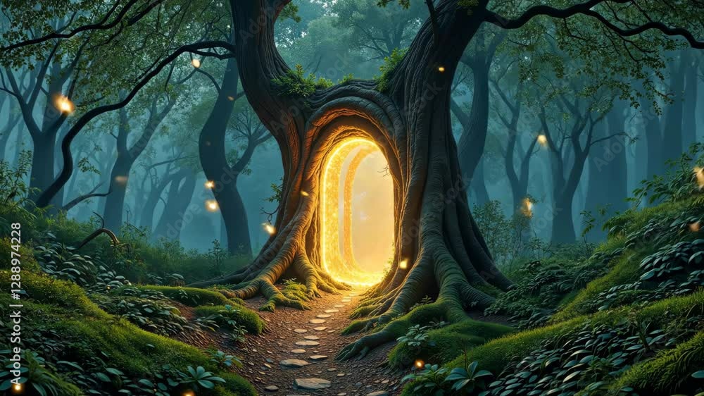 Poster a tree with a hole in it. the hole is lit up with fireflies. the tree is surrounded by grass and roc