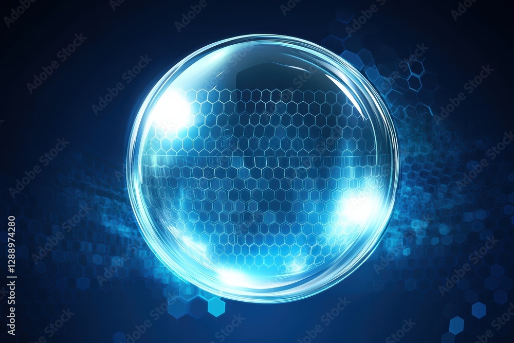 Poster graphic design featuring a glass sphere with glowing elements and a hexagonal pattern