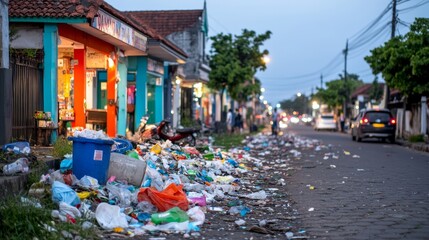 Fototapeta premium Ciudad sucia durante la noche con calles llenas de basura y desechos dispersos entre los edificios